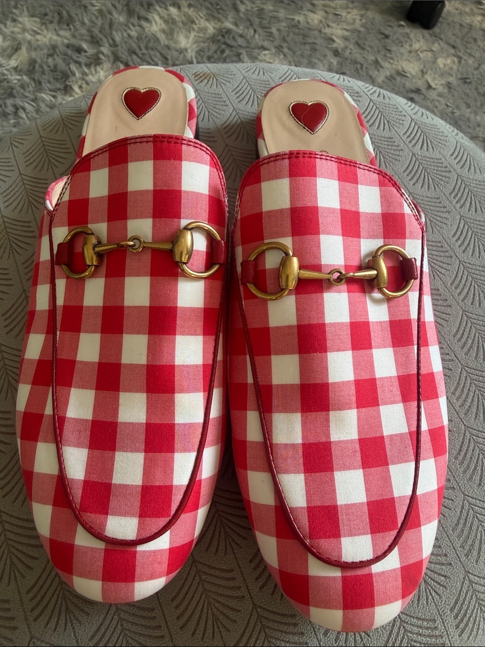Gucci Red and White Gingham Horsebit Backless Mules